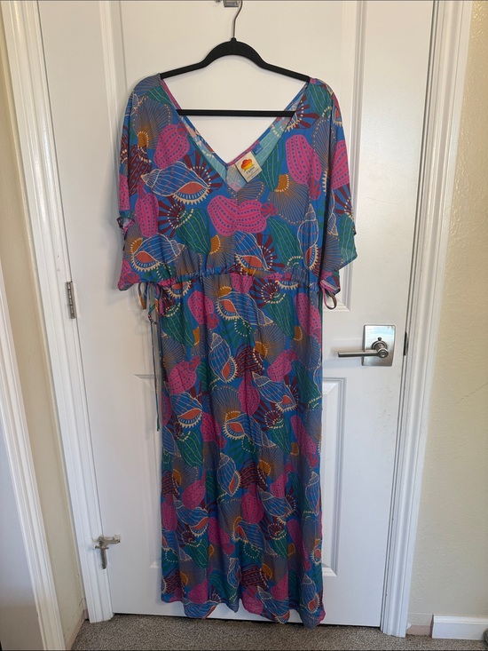 Anthropologie Dresses & Skirts - Anthropologie Teal Maxi Dress/ Beach Cover-up. Pink, Green & Gold Shell Print